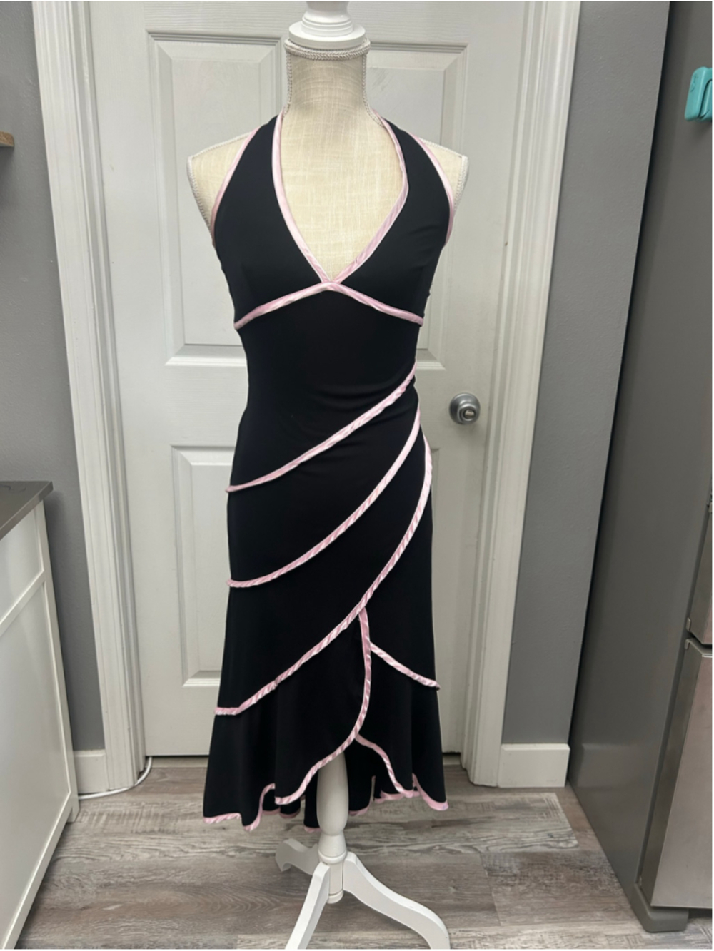 Vintage La Belle pink and black halter Y2K dress made in USA Sz S